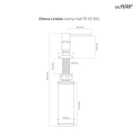 Lindals Oltens Lindals dozownik do płynu 300 ml czarny mat 75101300 Lindals Oltens Lindals dozownik do płynu 300 ml czarny mat 75101300