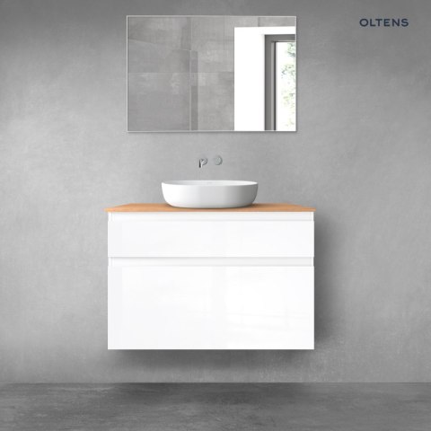 Vernal Oltens Vernal zestaw mebli łazienkowych 100 cm z blatem biały połysk/dąb 68224000 Vernal Oltens Vernal zestaw mebli łazienkowych 100 cm z blatem biały połysk/dąb 68224000
