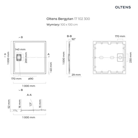 Bergytan Oltens Bergytan brodzik 100x100 cm kwadratowy RockSurface czarny mat 17102300 Bergytan Oltens Bergytan brodzik 100x100 cm kwadratowy RockSurface czarny mat 17102300