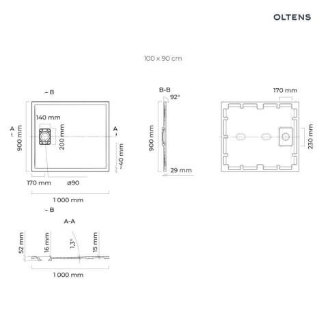 Bergytan Oltens Bergytan brodzik prostokątny 100x90 cm RockSurface kaszmir 15101900