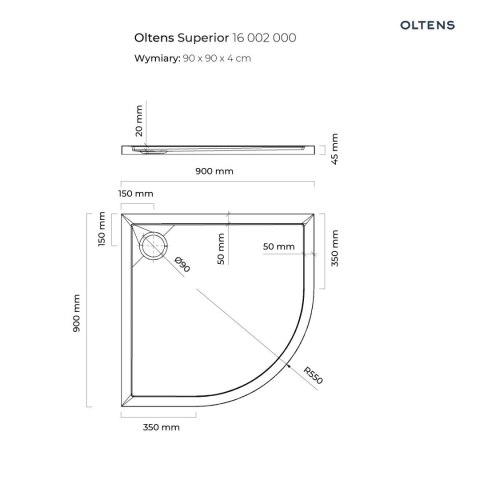 Superior Oltens Superior brodzik 90x90 cm półokrągły akrylowy biały 16002000