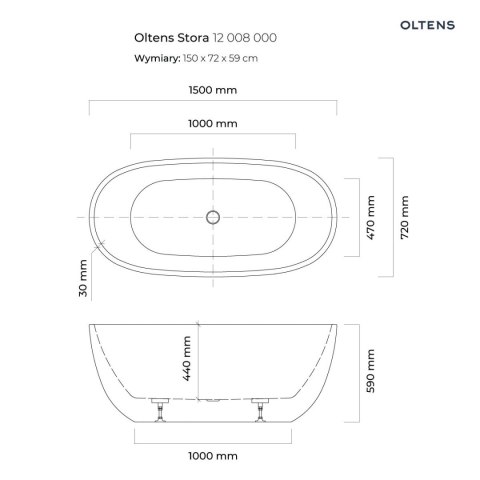 Stora Oltens Stora wanna wolnostojąca 150x72 cm owalna akrylowa biały połysk 12008000 Stora Oltens Stora wanna wolnostojąca 150x72 cm owalna akrylowa biały połysk 12008000