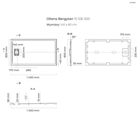 Bergytan Oltens Bergytan brodzik 140x80 cm prostokątny RockSurface czarny mat 15106300 Bergytan Oltens Bergytan brodzik 140x80 cm prostokątny RockSurface czarny mat 15106300