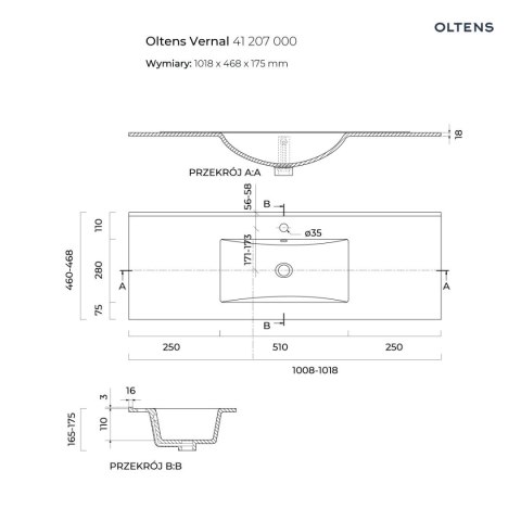 Vernal Oltens Vernal umywalka 100x46 cm meblowa prostokątna czarny mat 41207300 Vernal Oltens Vernal umywalka 100x46 cm meblowa prostokątna czarny mat 41207300